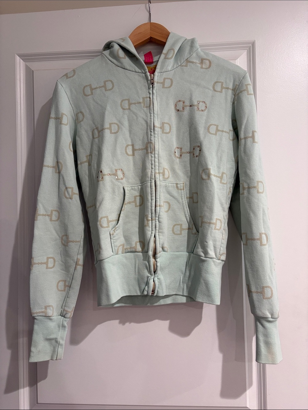 Primp Mint Zip-Up Hoodie with Allover Horsebit rhinestone print sz S